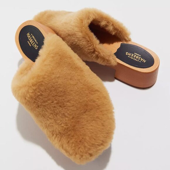 Swedish Hasbeens Shoes - Swedish Hasbeens Fluff Slip On CLOGS Size 41 10.5 11 Shearling Wood NEW $340